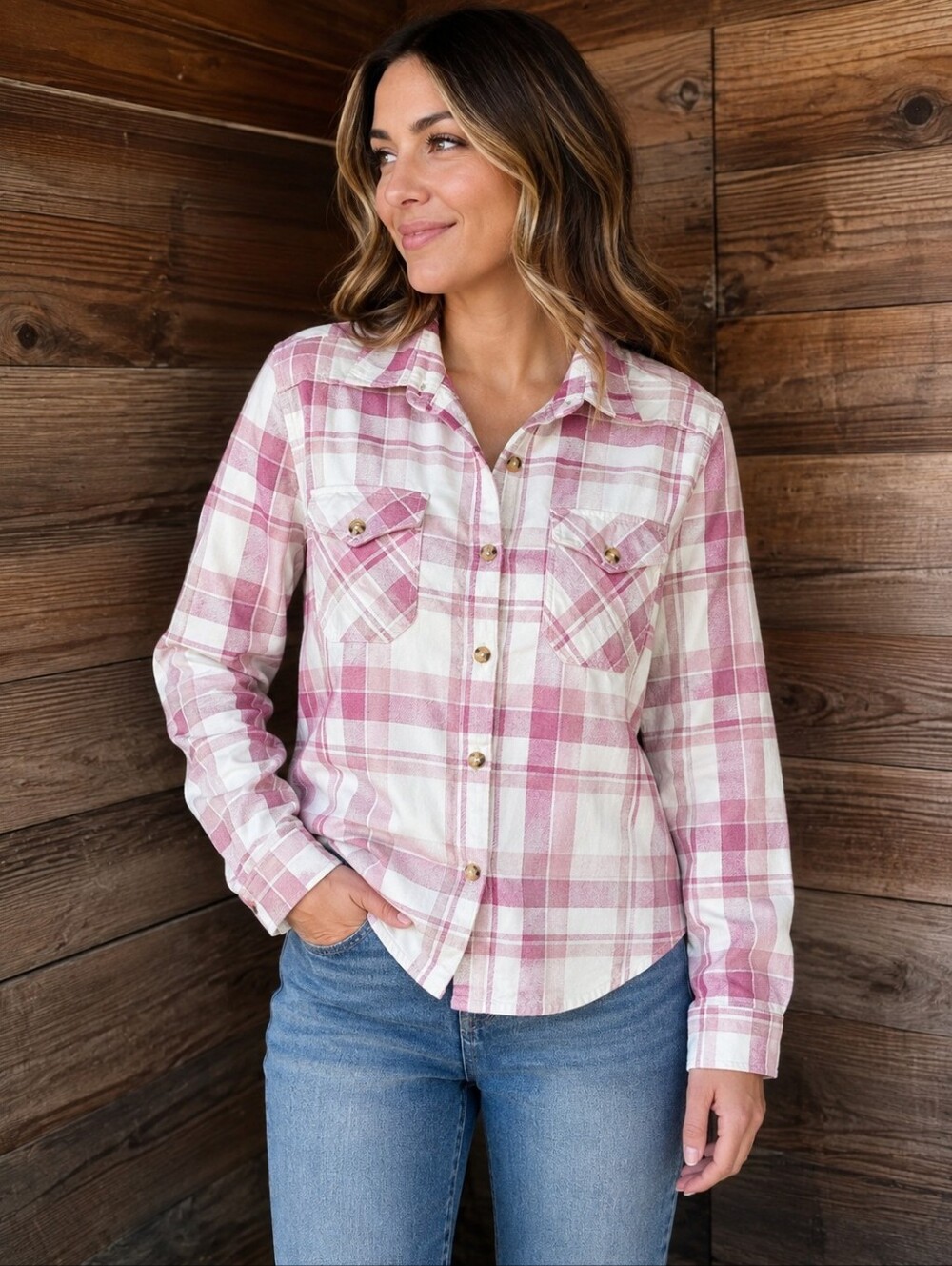 Frank And Oak Organic Cotton Pink Plaid Flannel Shirt L